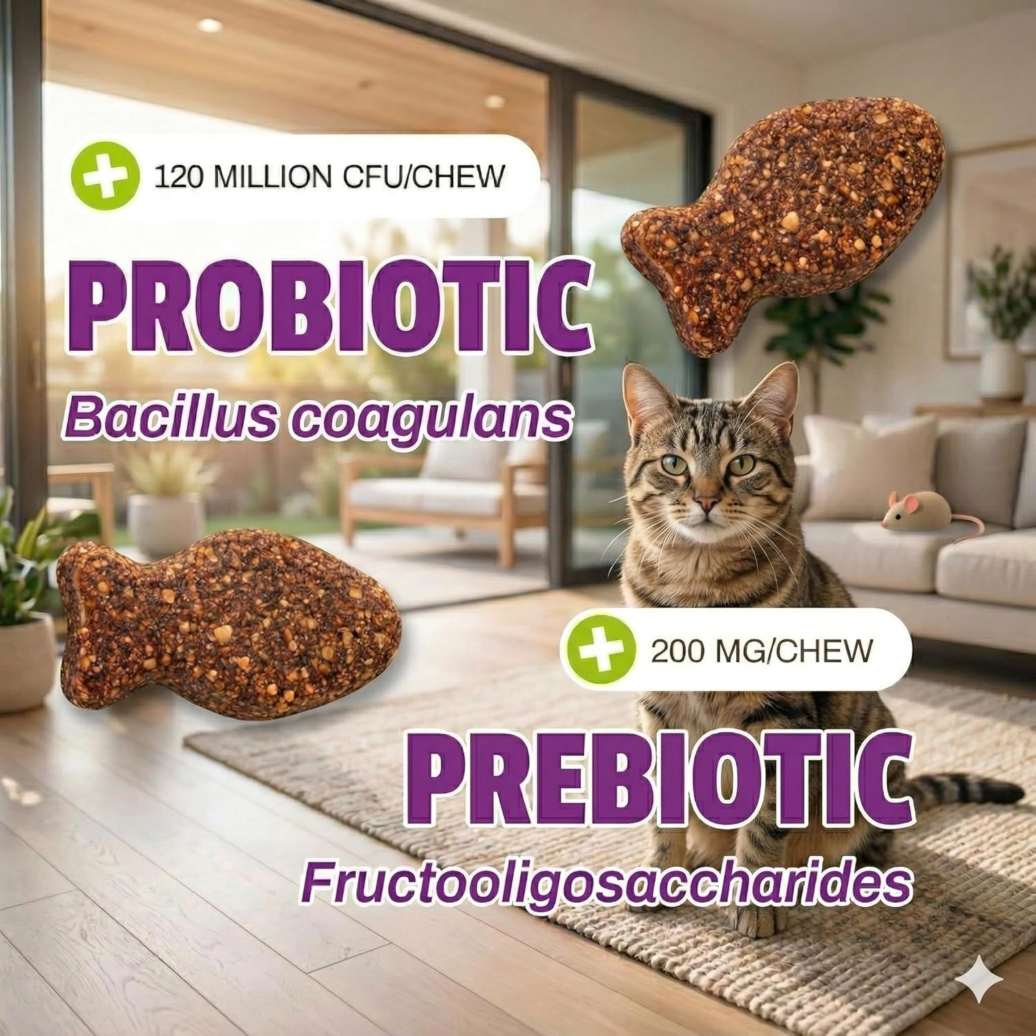 Daily Probiotic Soft Chews for Cats, Digestive and Immune Support Supplement, 100 Million CFU per Chew, Duck, 30 Count