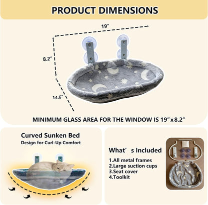 Cat Window Perch Hammock - Glow in the Dark Cordless Foldable Pet Bed with Sturdy Metal Frame & Strong Suction Cups, Star Print Resting Seat for Indoor Cats with Removable Washable Cover
