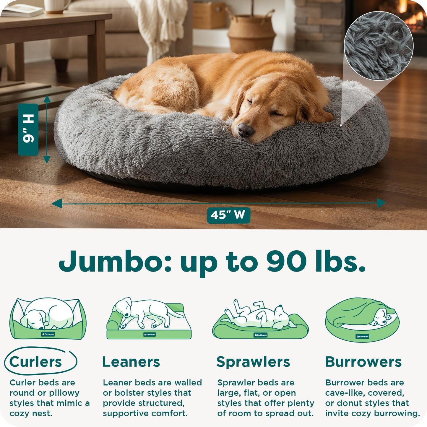 45" Calming Donut Dog Bed for Large Dogs, round Plush Donut Design with Soft Filling for Snuggling Comfort, Removable Washable Cover, Jumbo XL, Shaggy Faux Fur, Gray