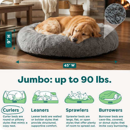 45" Calming Donut Dog Bed for Large Dogs, round Plush Donut Design with Soft Filling for Snuggling Comfort, Removable Washable Cover, Jumbo XL, Shaggy Faux Fur, Gray