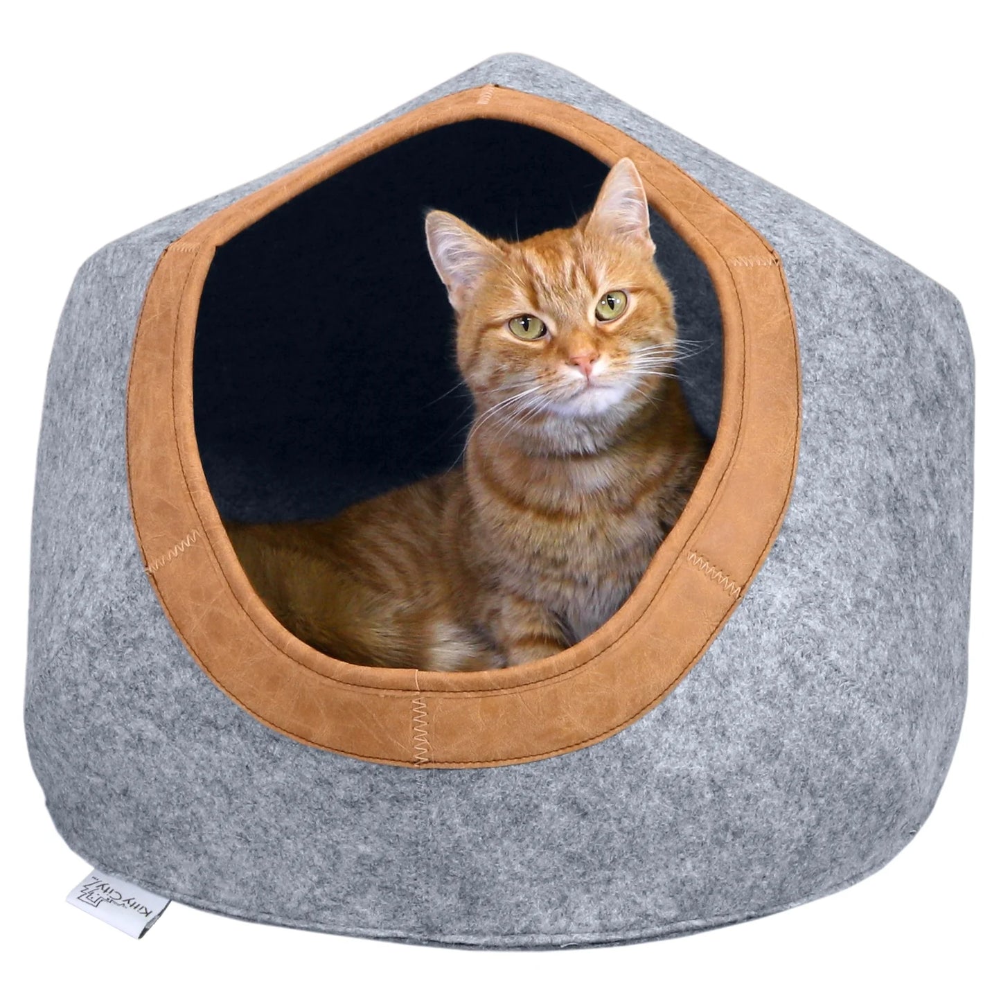 Large Felt Cat Cave with Faux Leather Trim, Washable Cushion, Gray