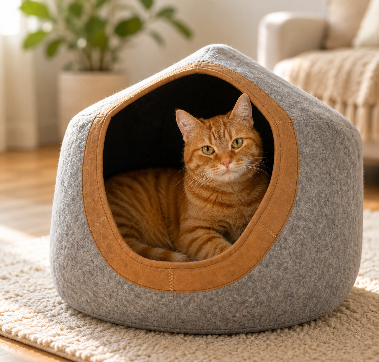 Large Felt Cat Cave with Leather Trim