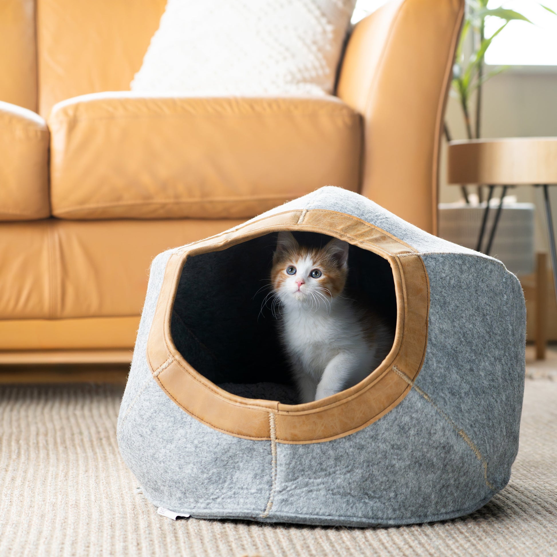Large Felt Cat Cave with Faux Leather Trim, Washable Cushion, Gray