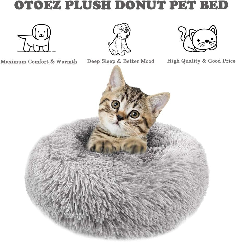 Kitten Puppy Bed Extra Small XS round Dog Cat Beds anti Anxiety Plush Pet Calming Donut Bed with Non-Slip Waterproof Bottom, Washable (15.7", Light Grey)