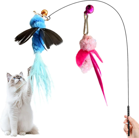 Cat Wand Toy with Feather Insect Head, Interactive Indoor Cat Teaser Wand for Calming Play, Kittens and Adult Cats, Encourages Gentle Play and Relaxing Mood