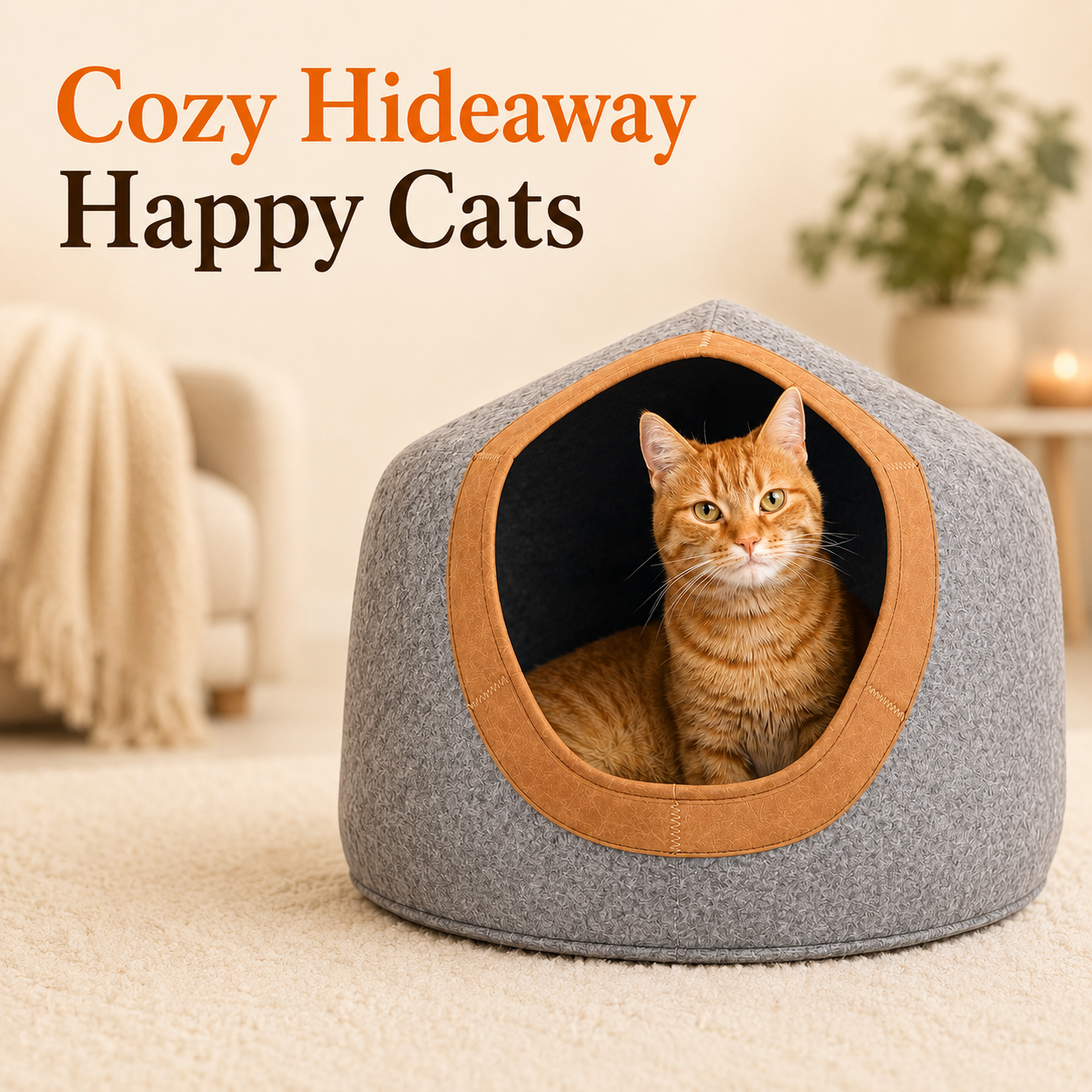 Large Felt Cat Cave with Leather Trim
