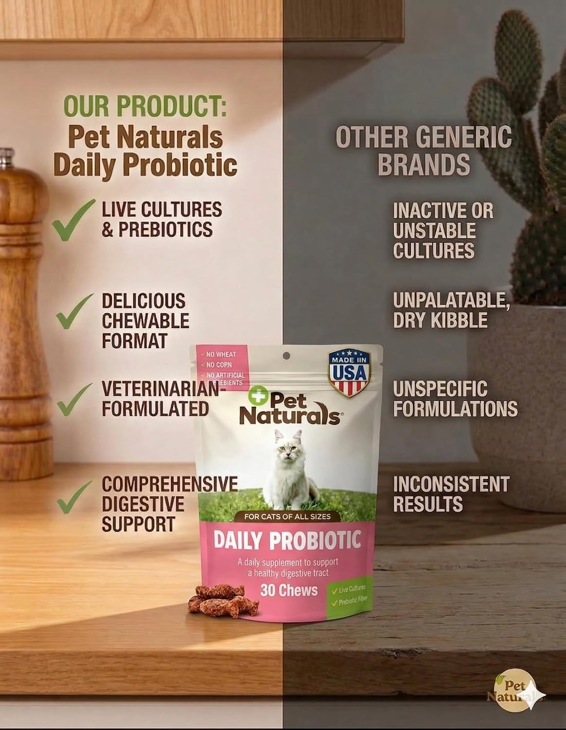Daily Probiotic Soft Chews for Cats, Digestive and Immune Support Supplement, 100 Million CFU per Chew, Duck, 30 Count