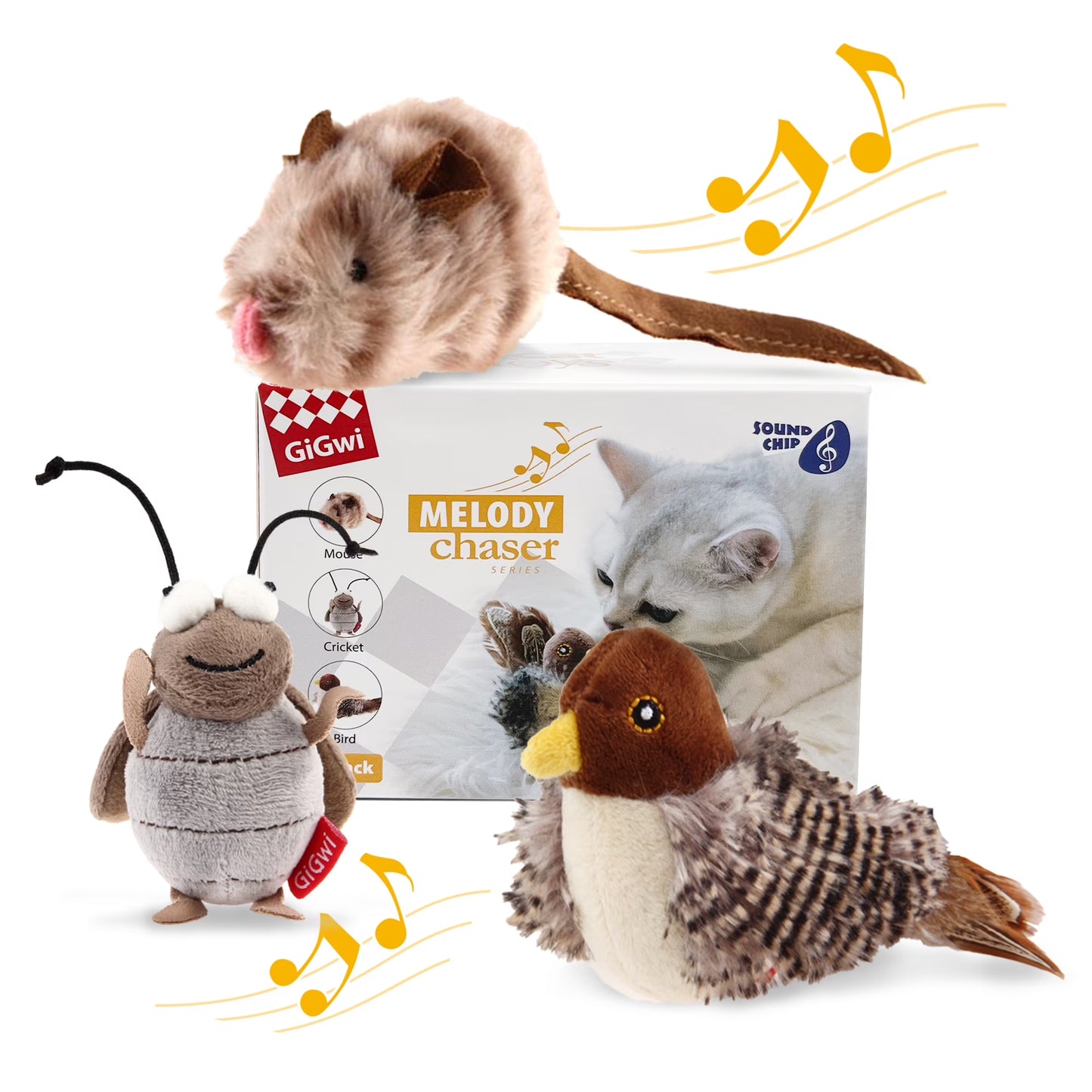 Gigwi Automatic Cat Toys Pack - Interactive Electronic Plush Toys with Bird/Cricket/Mouse Sounds for Indoor Cats to Play Alone and Squeak, 3 Pcs