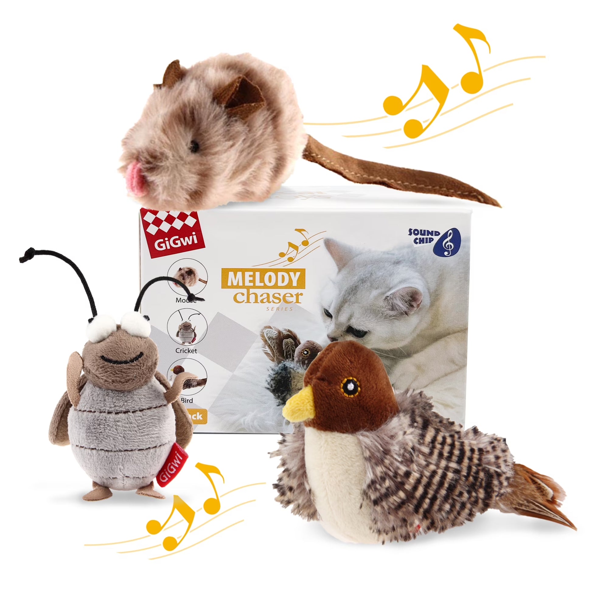 Gigwi Automatic Cat Toys Pack - Interactive Electronic Plush Toys with Bird/Cricket/Mouse Sounds for Indoor Cats to Play Alone and Squeak, 3 Pcs