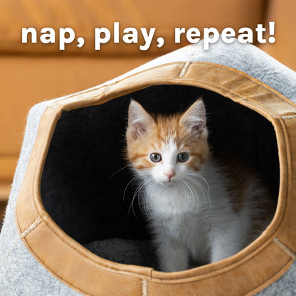 Large Felt Cat Cave with Faux Leather Trim, Washable Cushion, Gray