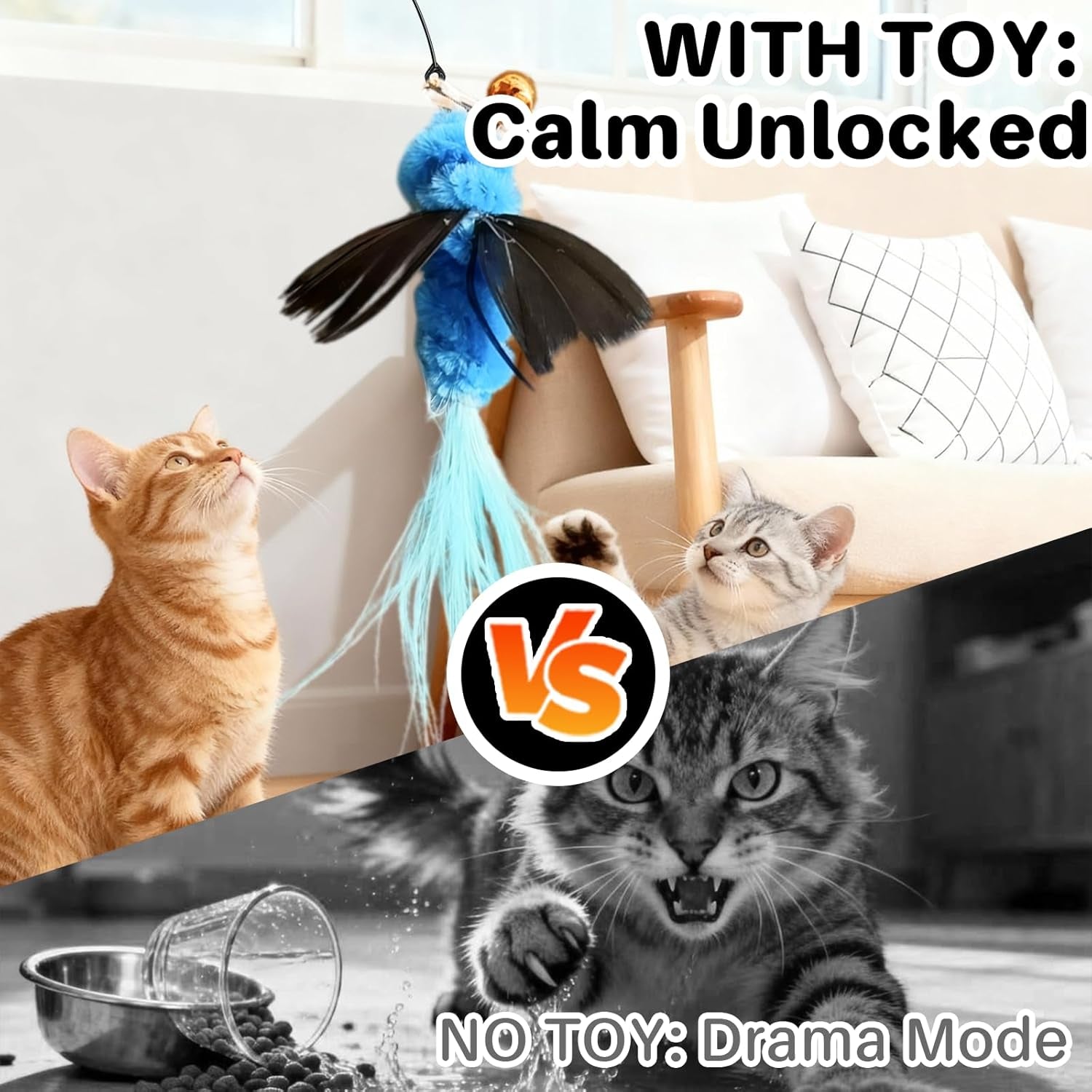Cat Wand Toy with Feather Insect Head, Interactive Indoor Cat Teaser Wand for Calming Play, Kittens and Adult Cats, Encourages Gentle Play and Relaxing Mood