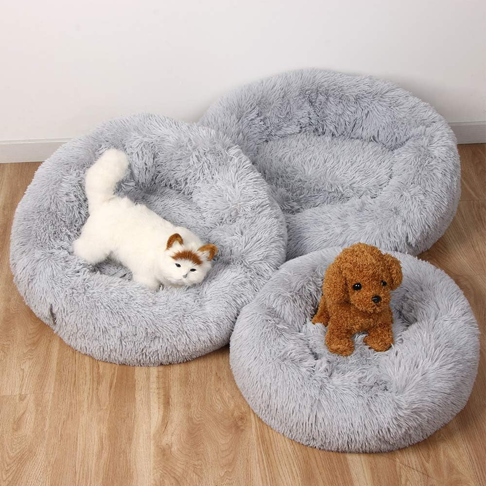 Kitten Puppy Bed Extra Small XS round Dog Cat Beds anti Anxiety Plush Pet Calming Donut Bed with Non-Slip Waterproof Bottom, Washable (15.7", Light Grey)