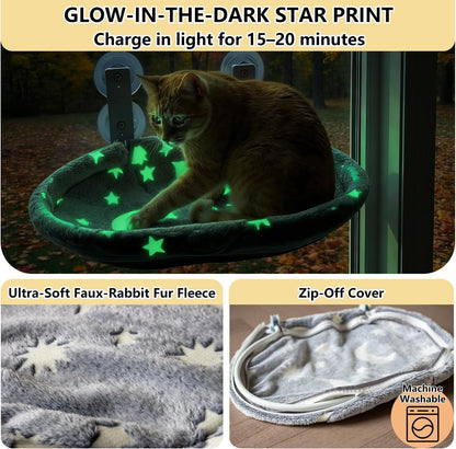 Cat Window Perch Hammock - Glow in the Dark Cordless Foldable Pet Bed with Sturdy Metal Frame & Strong Suction Cups, Star Print Resting Seat for Indoor Cats with Removable Washable Cover