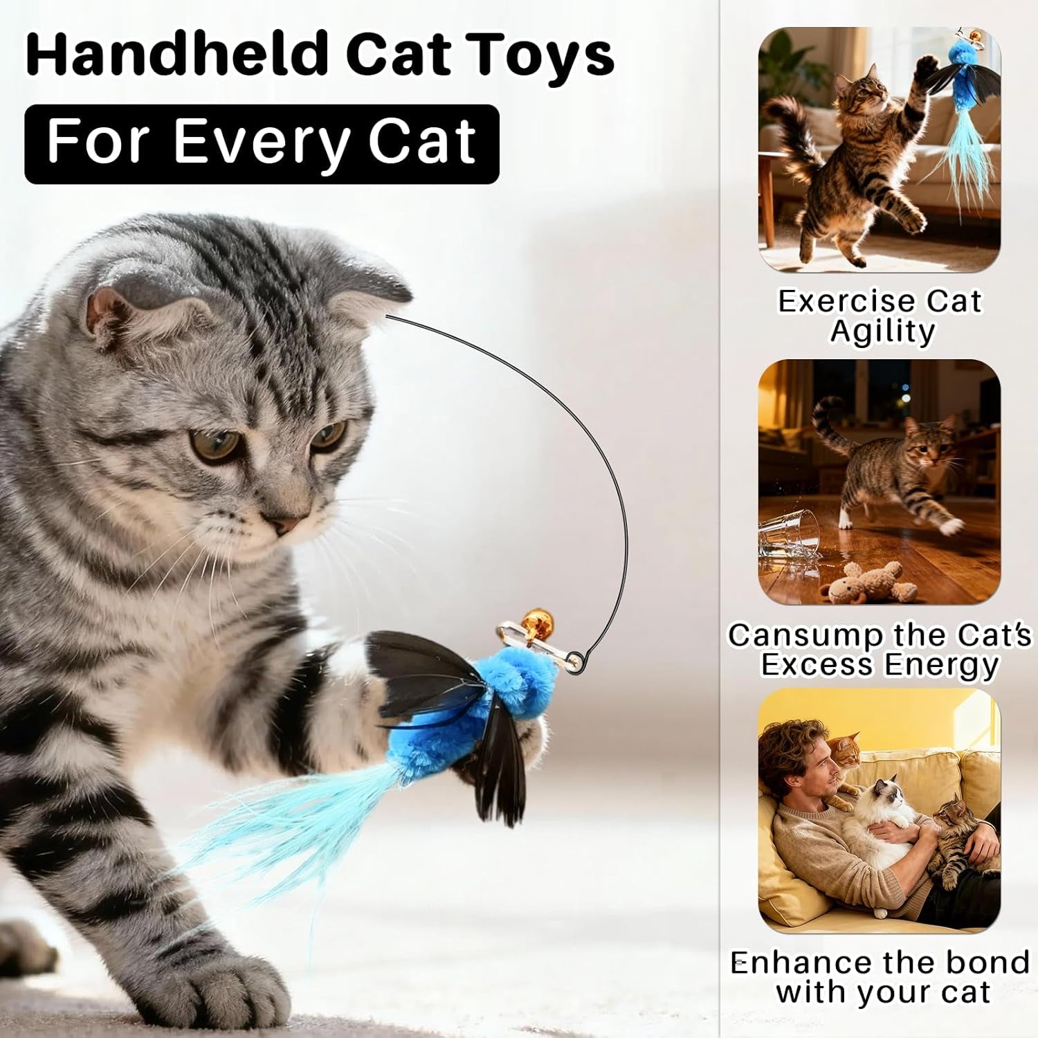 Cat Wand Toy with Feather Insect Head, Interactive Indoor Cat Teaser Wand for Calming Play, Kittens and Adult Cats, Encourages Gentle Play and Relaxing Mood