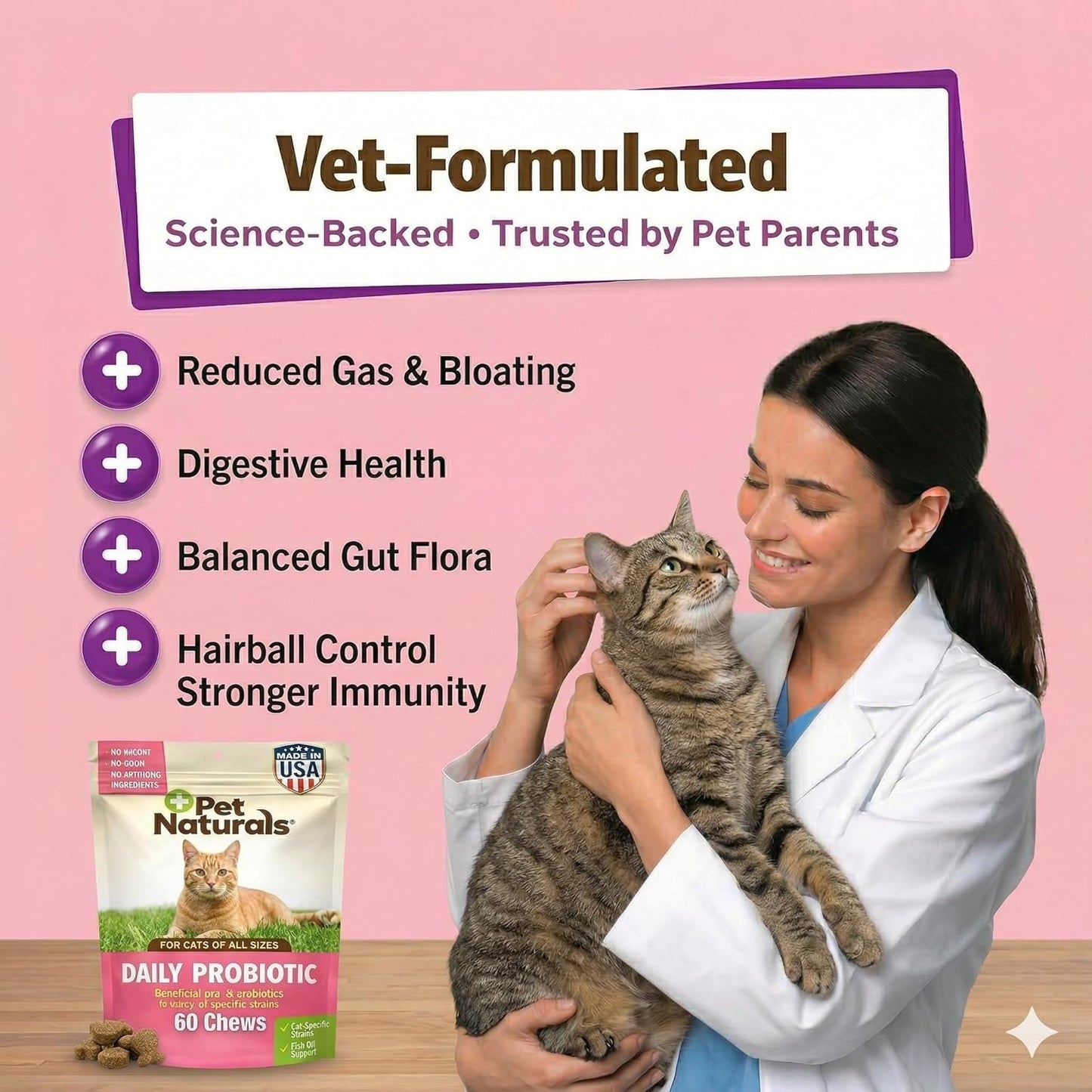 Daily Probiotic Soft Chews for Cats, Digestive and Immune Support Supplement, 100 Million CFU per Chew, Duck, 30 Count