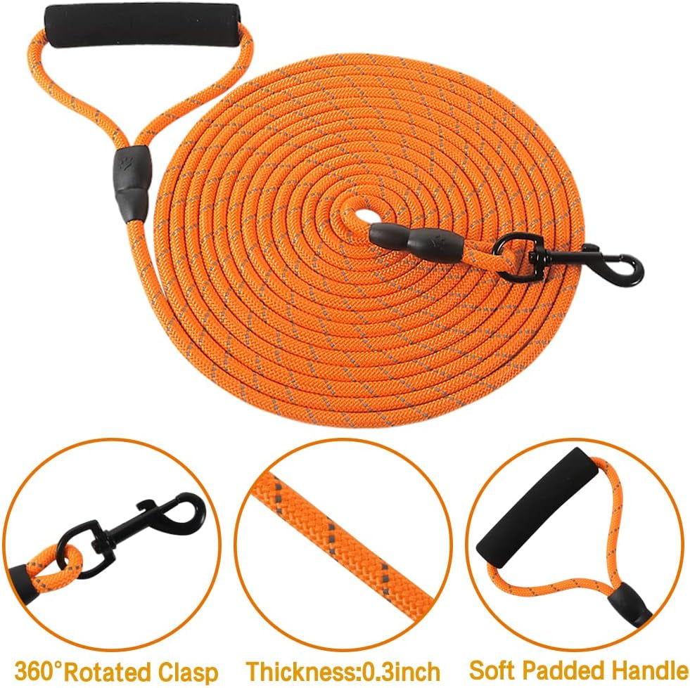 Floating Long Dog Leash, 20Ft Dog Training Leash for outside and Yard, Reflective Long Line Lead with Soft Handle for Beach and Swimming (Orange)