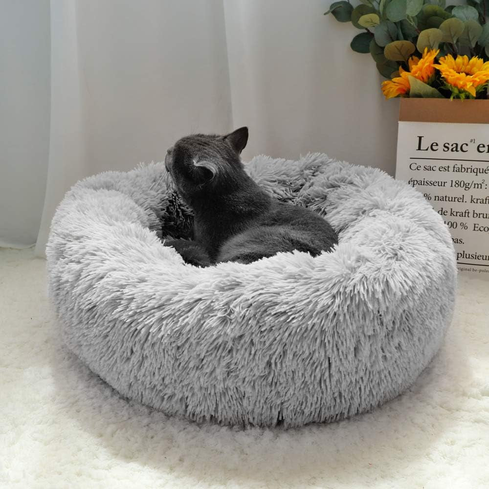 Kitten Puppy Bed Extra Small XS round Dog Cat Beds anti Anxiety Plush Pet Calming Donut Bed with Non-Slip Waterproof Bottom, Washable (15.7", Light Grey)