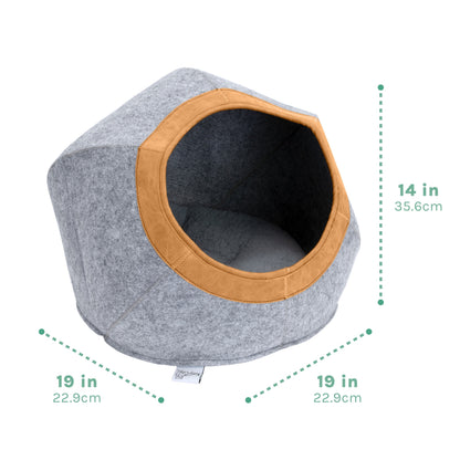 Large Felt Cat Cave with Faux Leather Trim, Washable Cushion, Gray