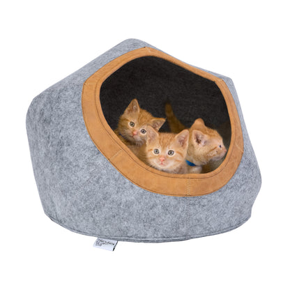Large Felt Cat Cave with Faux Leather Trim, Washable Cushion, Gray
