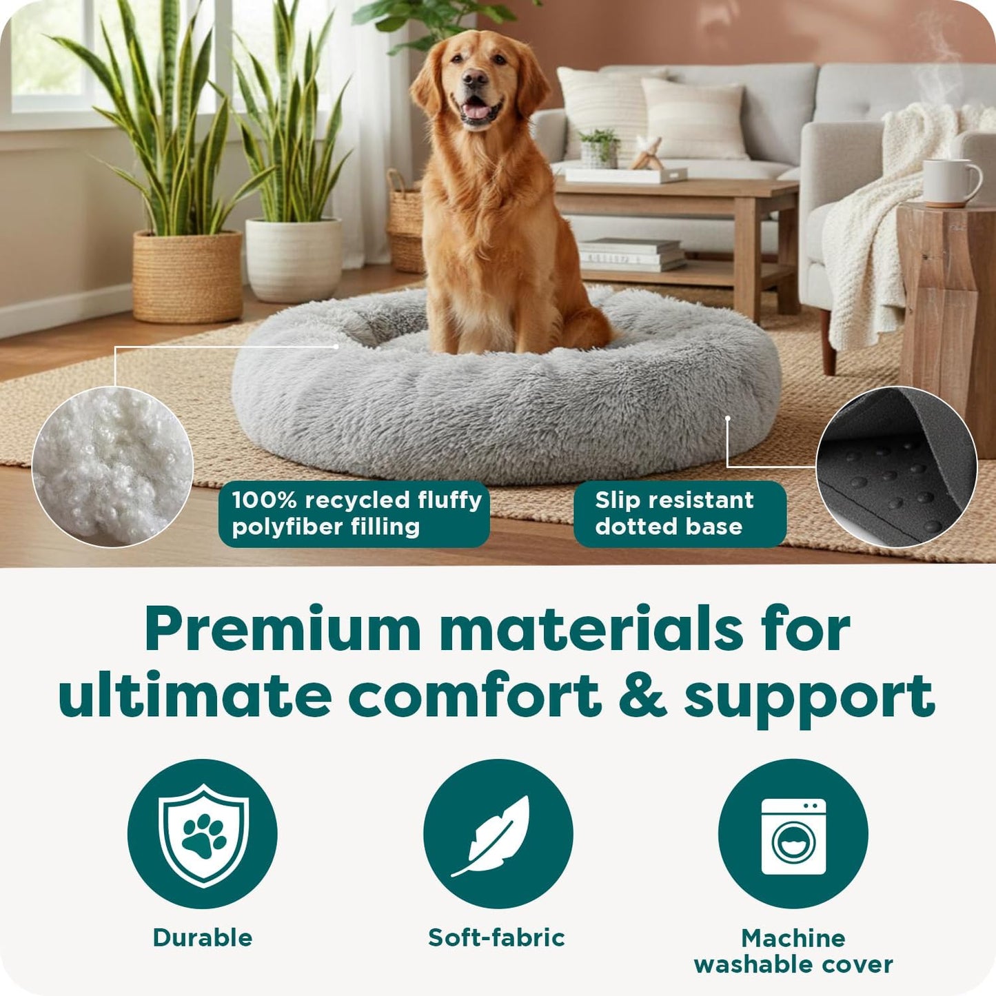 45" Calming Donut Dog Bed for Large Dogs, round Plush Donut Design with Soft Filling for Snuggling Comfort, Removable Washable Cover, Jumbo XL, Shaggy Faux Fur, Gray