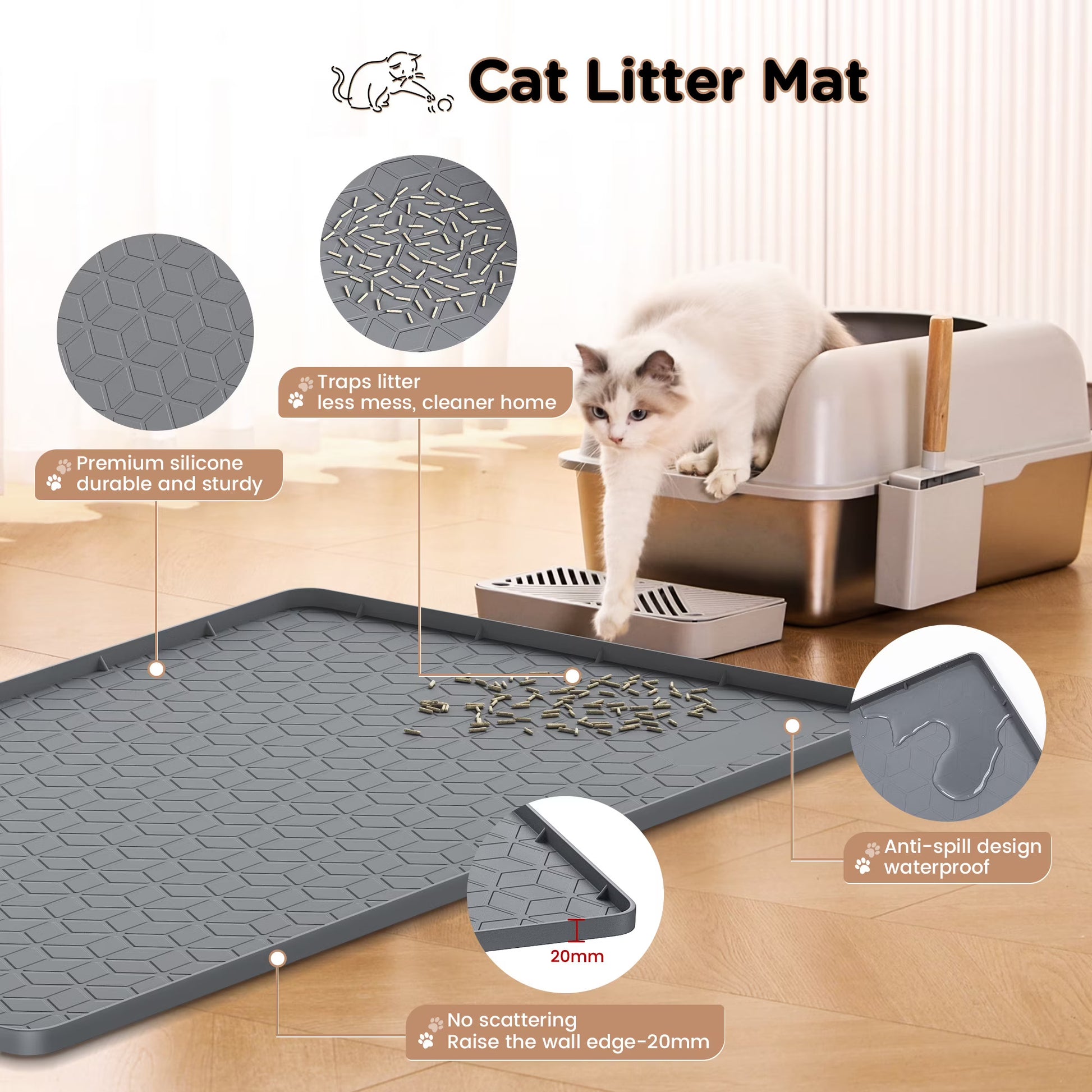 Clean cat beside a tidy litter area on a waterproof litter mat