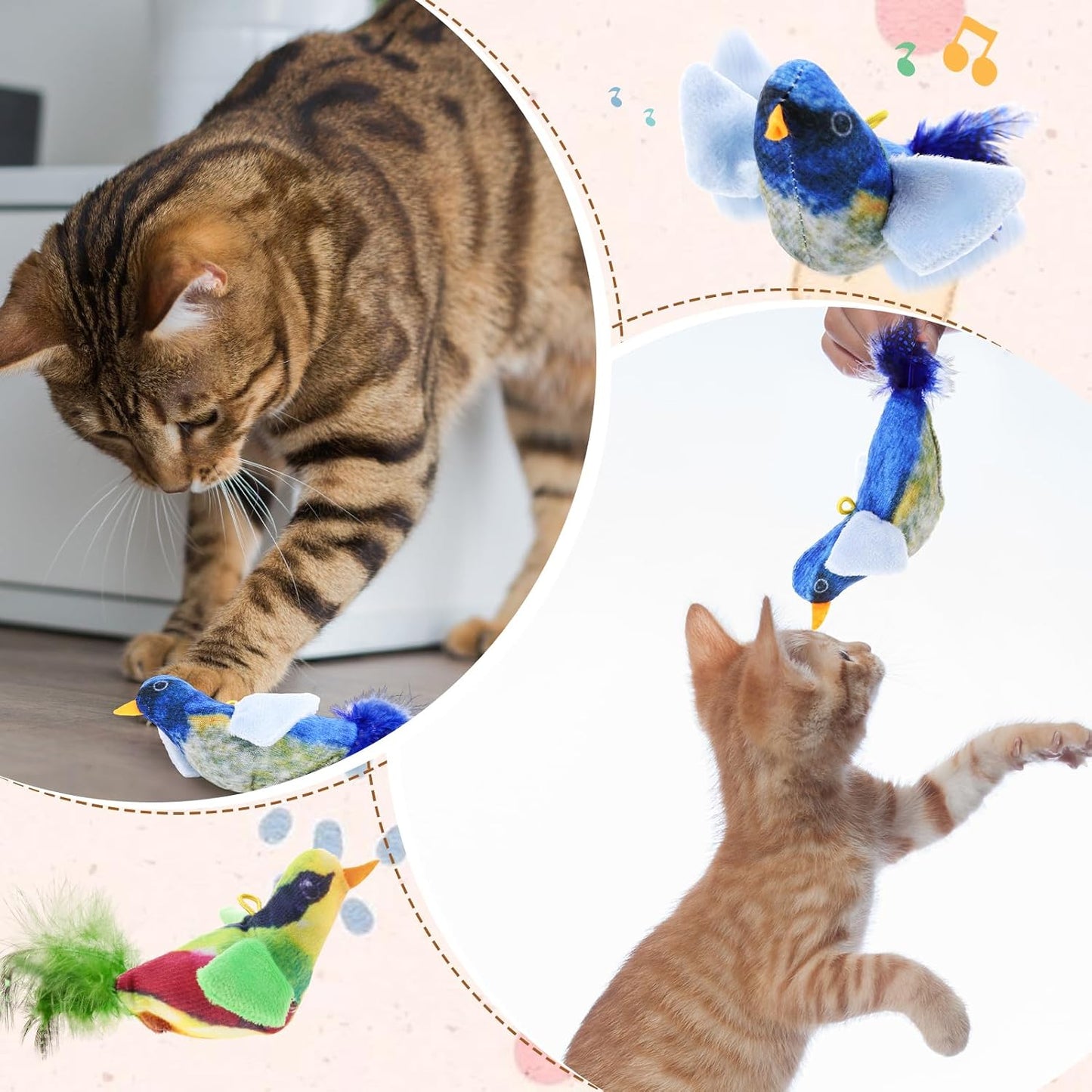 Curious cat playing with a plush bird toy on the floor at home
