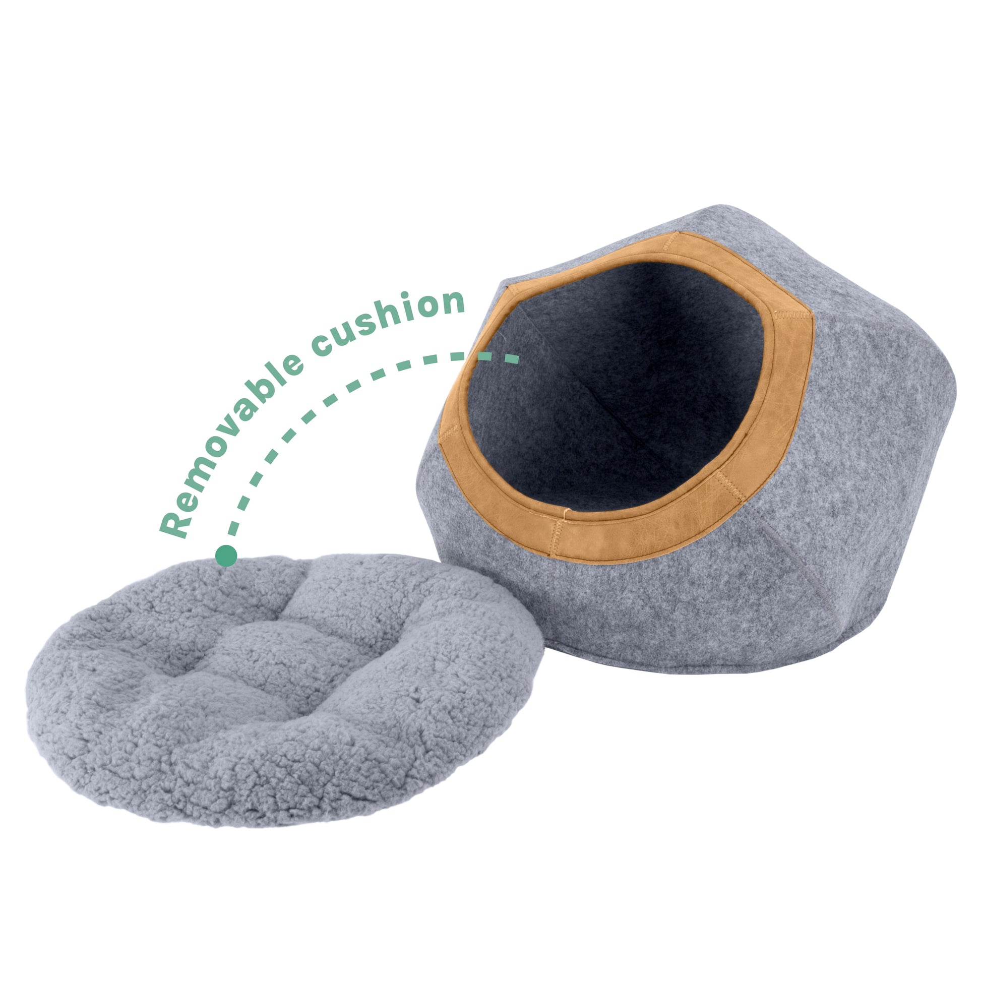Large Felt Cat Cave with Faux Leather Trim, Washable Cushion, Gray