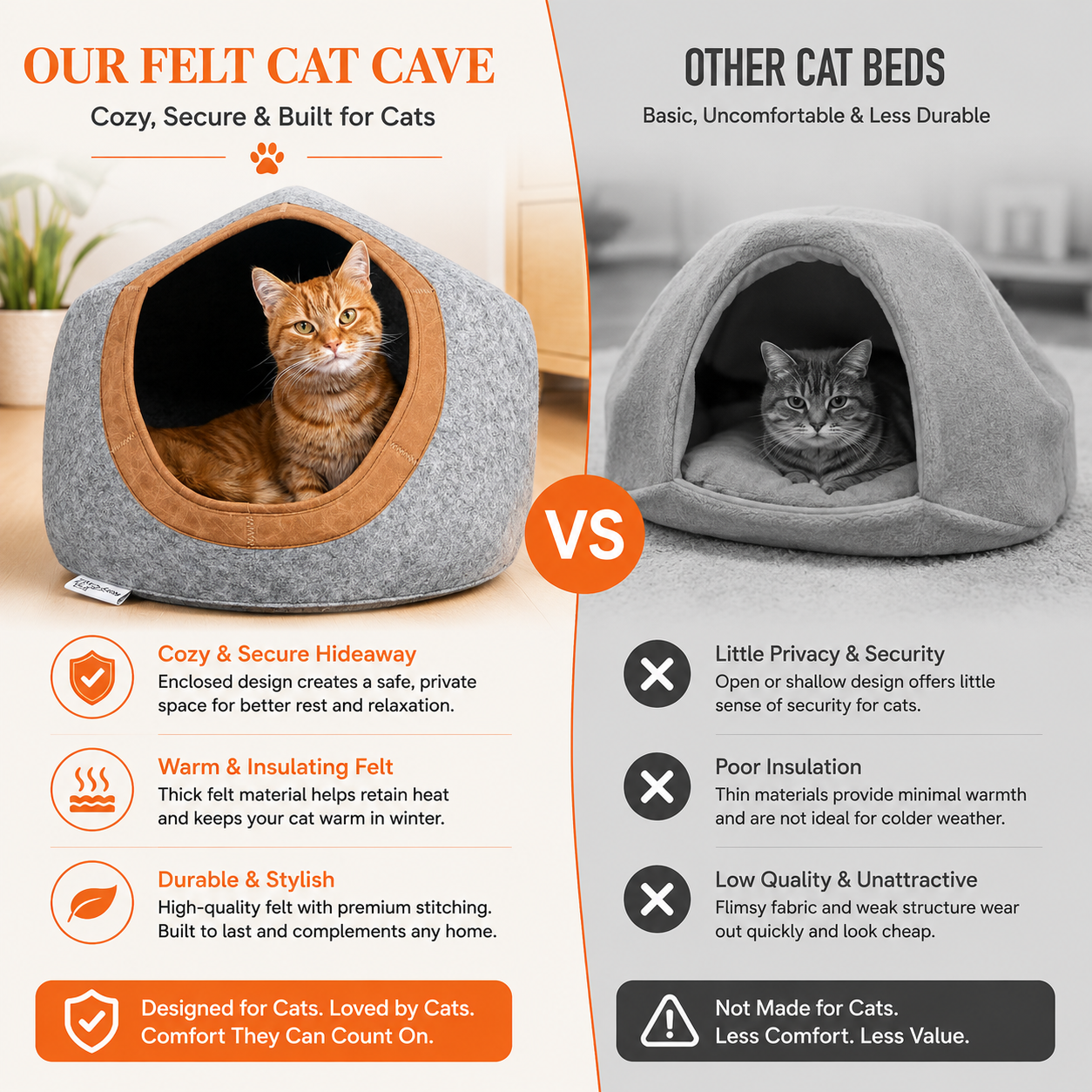 Large Felt Cat Cave with Leather Trim