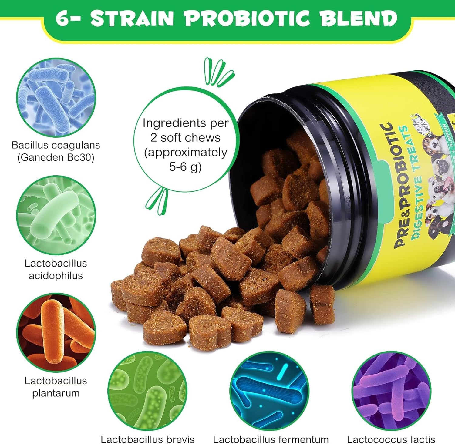 Probiotics for Dogs, 120 Chews Dog Probiotics Treats, Digestive Treats Dogs and Digestive Enzymes, Dog Digestive Health Gut, Immune Bowel Support, Reduce Diarrhea, Gas, Itchy Relief