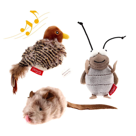Gigwi Automatic Cat Toys Pack - Interactive Electronic Plush Toys with Bird/Cricket/Mouse Sounds for Indoor Cats to Play Alone and Squeak, 3 Pcs