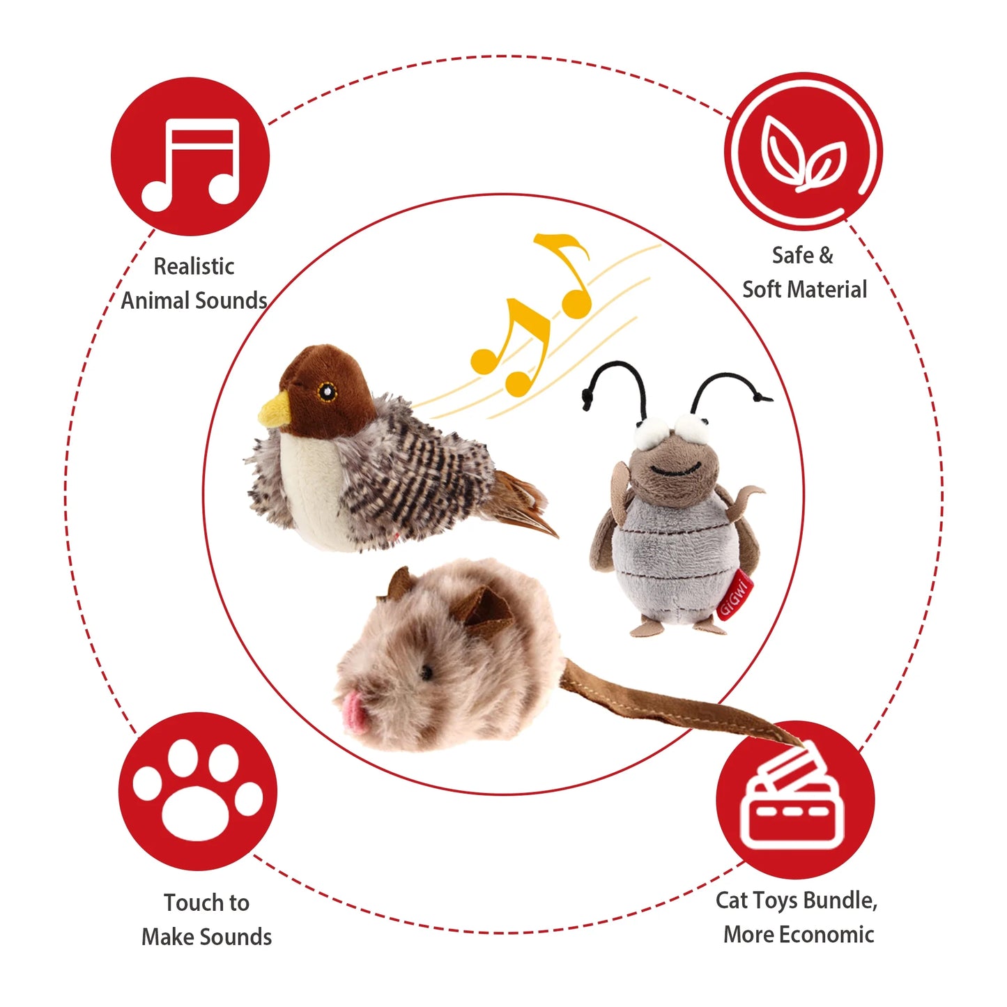 Gigwi Automatic Cat Toys Pack - Interactive Electronic Plush Toys with Bird/Cricket/Mouse Sounds for Indoor Cats to Play Alone and Squeak, 3 Pcs