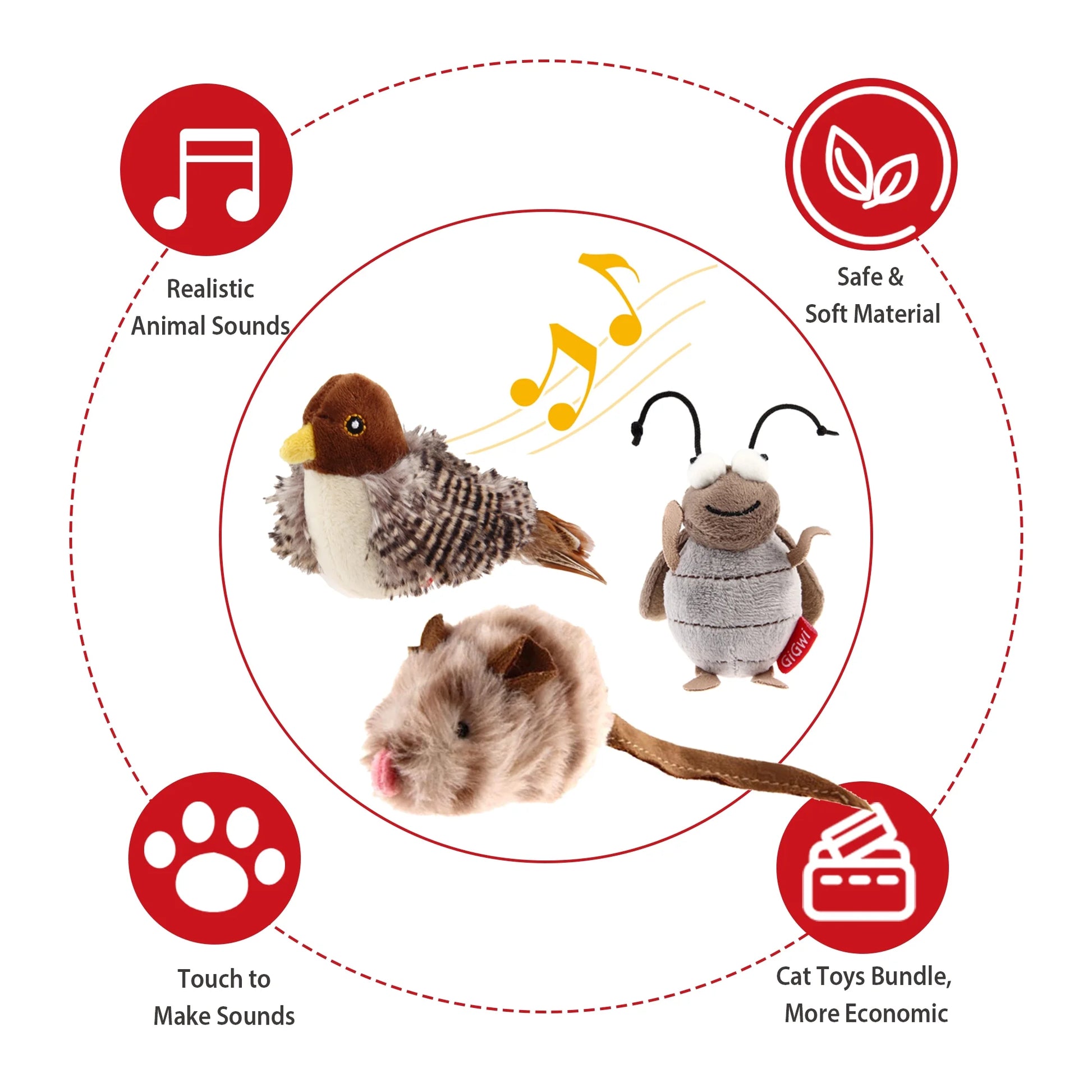 Gigwi Automatic Cat Toys Pack - Interactive Electronic Plush Toys with Bird/Cricket/Mouse Sounds for Indoor Cats to Play Alone and Squeak, 3 Pcs