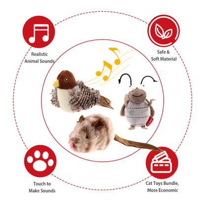 Gigwi Automatic Cat Toys Pack - Interactive Electronic Plush Toys with Bird/Cricket/Mouse Sounds for Indoor Cats to Play Alone and Squeak, 3 Pcs