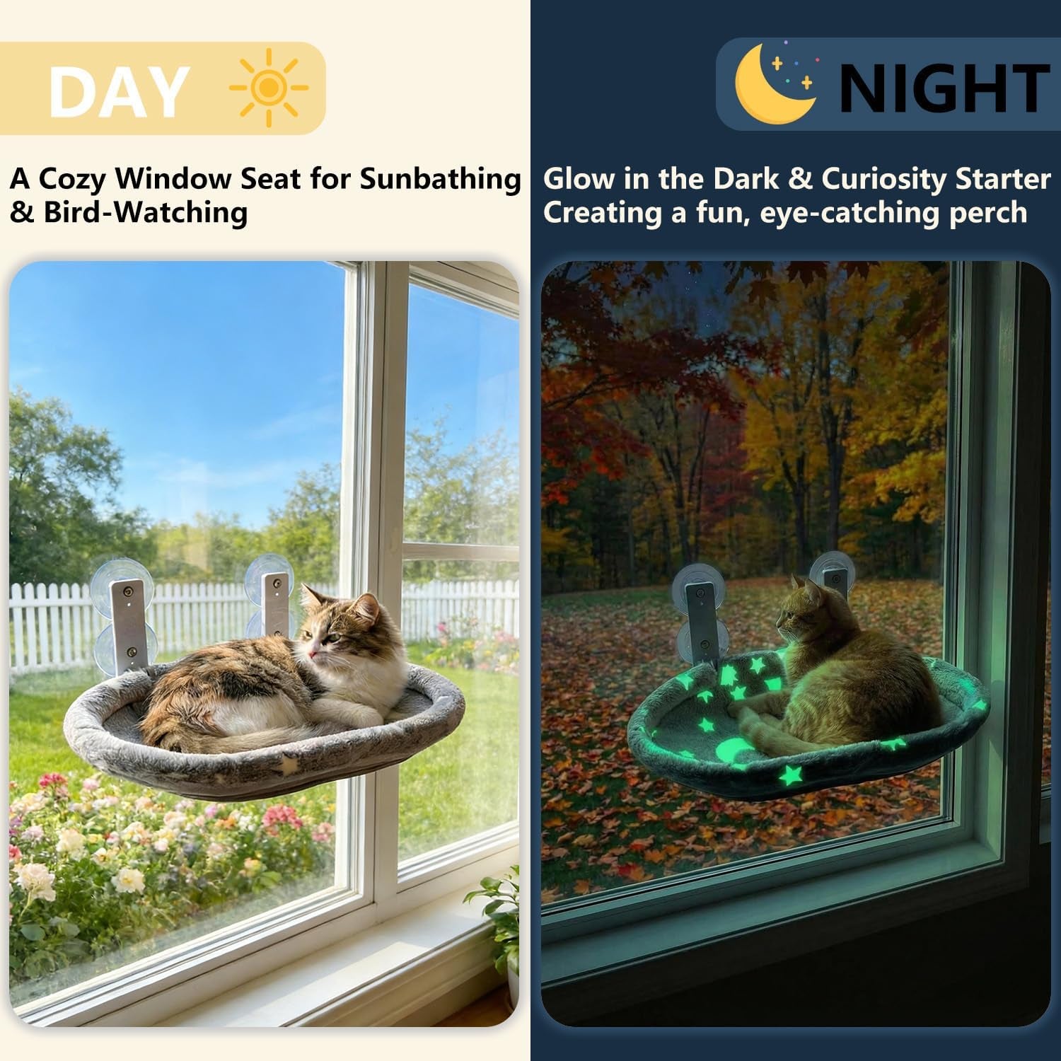 Cat Window Perch Hammock - Glow in the Dark Cordless Foldable Pet Bed with Sturdy Metal Frame & Strong Suction Cups, Star Print Resting Seat for Indoor Cats with Removable Washable Cover