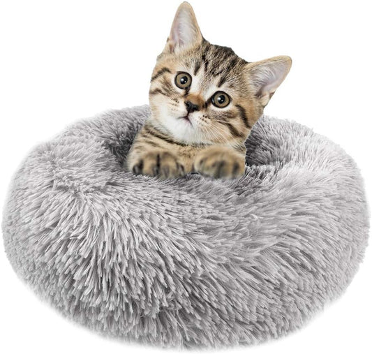 Kitten Puppy Bed Extra Small XS round Dog Cat Beds anti Anxiety Plush Pet Calming Donut Bed with Non-Slip Waterproof Bottom, Washable (15.7", Light Grey)