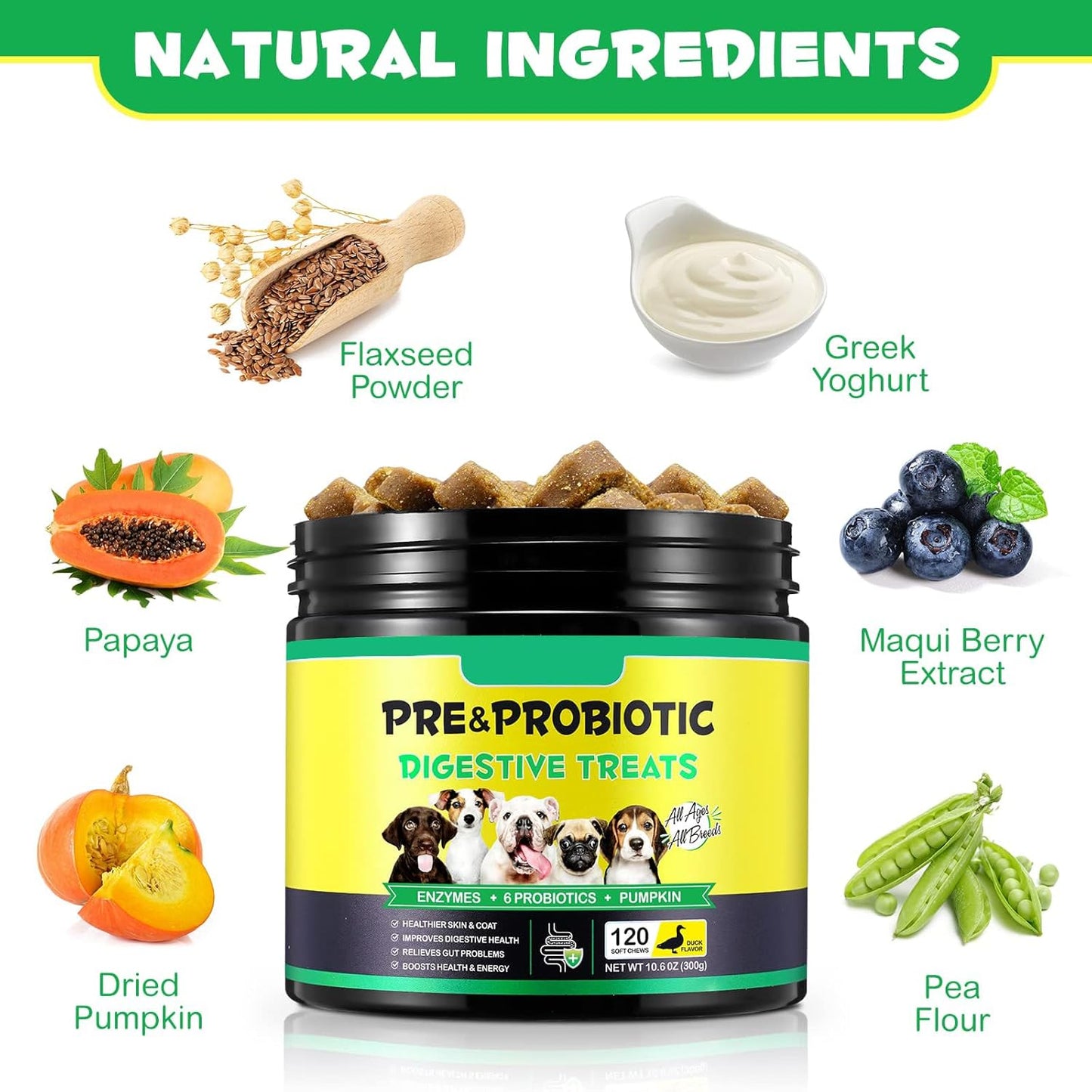 Probiotics for Dogs, 120 Chews Dog Probiotics Treats, Digestive Treats Dogs and Digestive Enzymes, Dog Digestive Health Gut, Immune Bowel Support, Reduce Diarrhea, Gas, Itchy Relief