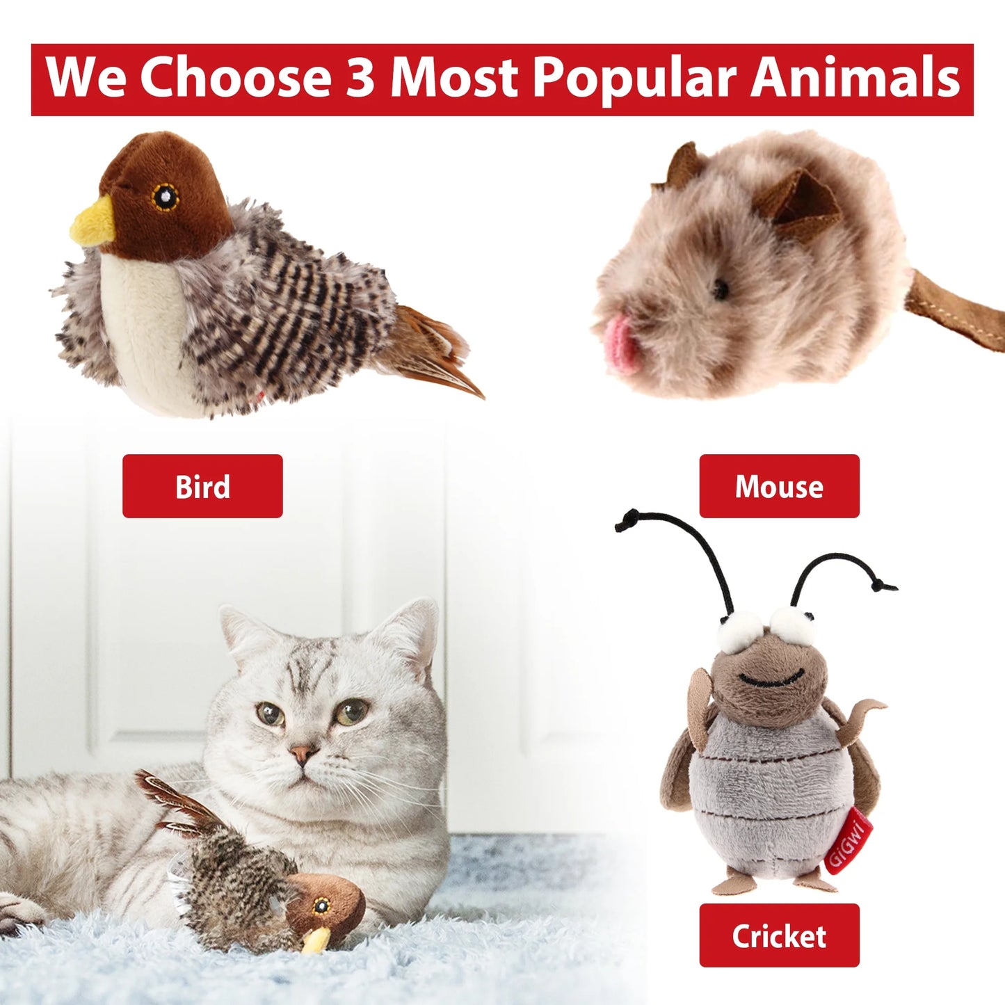 Gigwi Automatic Cat Toys Pack - Interactive Electronic Plush Toys with Bird/Cricket/Mouse Sounds for Indoor Cats to Play Alone and Squeak, 3 Pcs