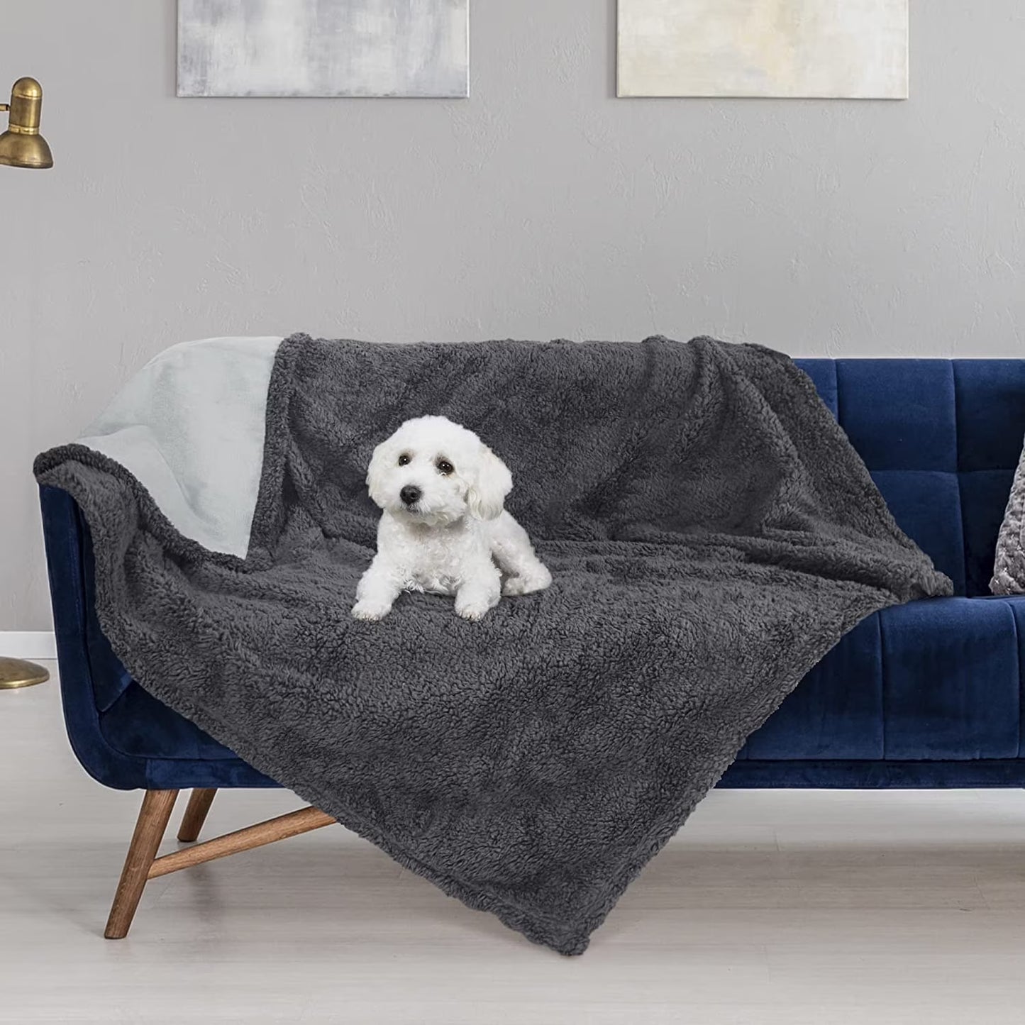 Waterproof Pet Blanket, Pee Urine Proof Dog Blanket Cover for Couch Bed Furniture Protector, Liquid Proof Blanket for Small Medium Dogs, Lt Gray/Dk Gray, 50” X 30”.