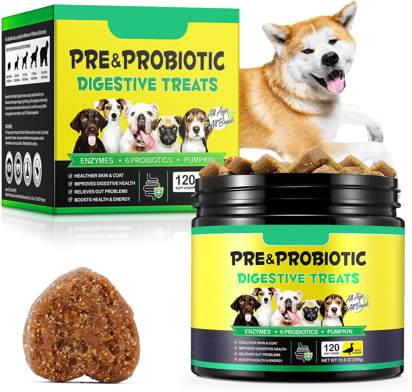 Probiotics for Dogs, 120 Chews Dog Probiotics Treats, Digestive Treats Dogs and Digestive Enzymes, Dog Digestive Health Gut, Immune Bowel Support, Reduce Diarrhea, Gas, Itchy Relief