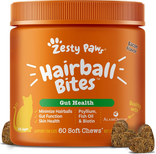 Zesty Paws Hairball Bites for Cats - Cat Furball Support - Functional Supplement with Omega 3 Fish Oil EPA & DHA + Zinc, Biotin & Psyllium Husk - Supports Gut & Skin Health - 60 Count